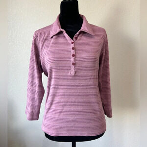 Eddie Bauer Women’s 90s Style Collared Henley Long Sleeve Top L Pink Striped